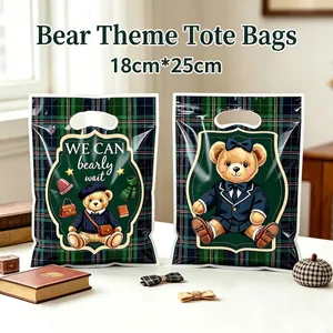 British Style Bear Gift Bags Green Plaid Pattern Plastic Handbags For Party Favors Candy Packaging Gift Wrap For Birthday Wedding Baby Shower
