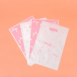 Pink ribbon bow print plastic gift bags with die-cut handles for various party favors