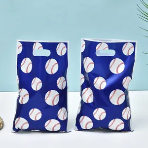 Two blue baseball print gift bags with handles, pearlescent film party favor bags