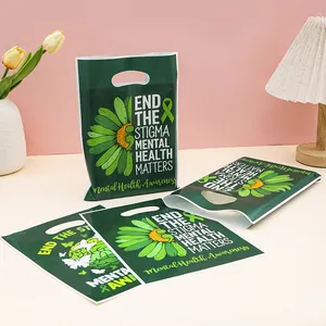 Premium green mental health awareness plastic gift bags with floral ribbon design
