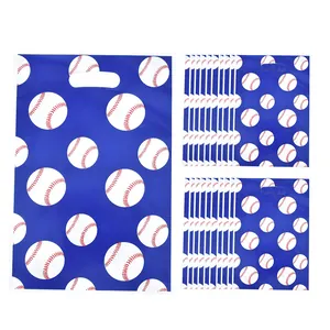 Blue baseball print gift bags with die-cut handles for sports themed birthday parties
