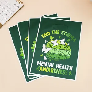 Green Mental Health Awareness plastic gift bags with brain and butterfly design