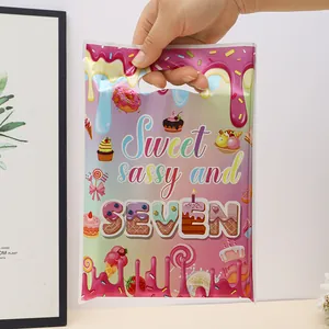Candy themed birthday gift bag for kids 7th party with dessert illustrations