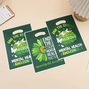 Set of green Mental Health Awareness plastic gift bags featuring End The Stigma slogans