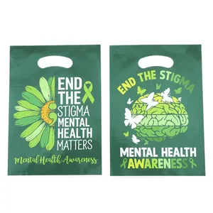 Green plastic mental health awareness gift bags with motivational floral design