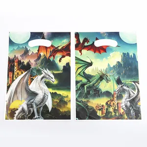 Two plastic fantasy dragon themed gift bags with handles for candy and party packaging