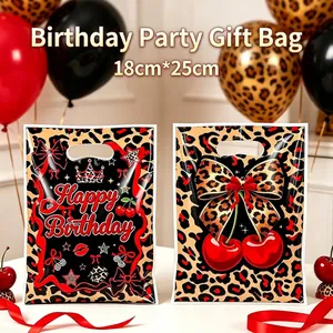Leopard Print Cherry Birthday Gift Bags Y2K Style Party Favor Bags Plastic Portable Handheld Packaging Bags For Girls Women