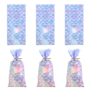 Mermaid scale patterned OPP treat bags for candy and cookies with gold twist ties