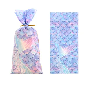 Mermaid scale pattern OPP gift bags with gold twist ties for candy and snacks packaging