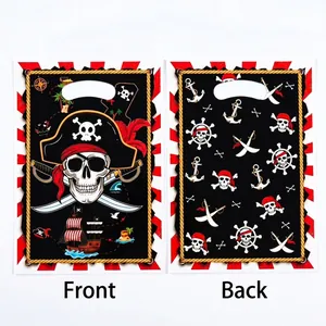 Front and back view of pirate-themed plastic gift bags for party favors