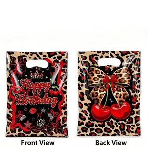 Leopard print cherry gift bags with 'Happy Birthday' text for birthday party return favors