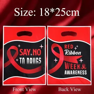 Red Ribbon Week Awareness Gift Bags Pearlescent Film Plastic Tote Bag Say No To Drugs Printed Party Favor Bag For Charity Event