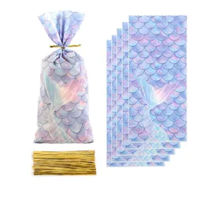 Mermaid Scale Pattern Color Printed OPP Party Gift Bags With Gold Twist Ties For Candy Cookie Biscuits Packaging Dreamy Gradient Bags