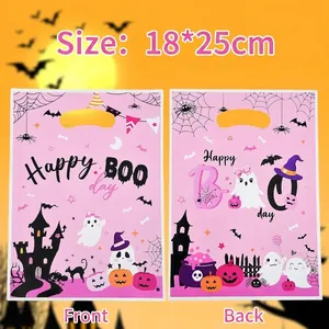 Bolsas de Regalo de Caramelos de Halloween Rosadas Calabaza Fantasma Castillo Impreso Plástico Bolsas de Mano Para Fiesta Embalaje