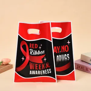 Red Ribbon Week awareness plastic gift bags for party favors with handle and print