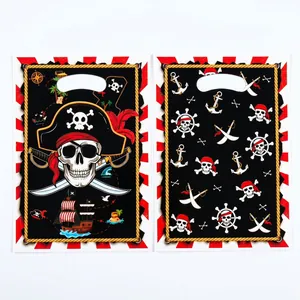 Pirate themed plastic gift bags for birthday parties with skull and treasure map designs