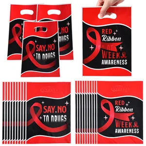 Red ribbon awareness party favor bags with Say No To Drugs slogan for gift packaging
