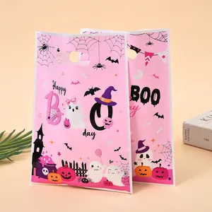 Bolsas de dulces de Halloween rosas con fantasmas y calabazas, diseño Happy Boo day para fiestas.