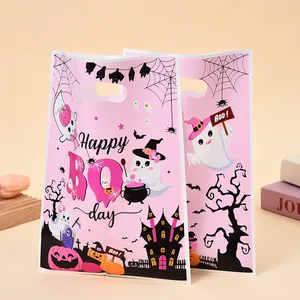 Pink Halloween gift bags featuring cute cartoon ghost prints and die-cut handles
