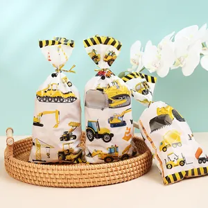 Three construction vehicle themed OPP gift bags for kids party candy and treats
