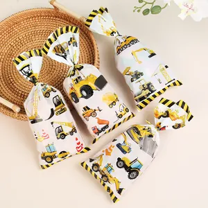 Construction vehicle printed OPP candy bags with golden twist ties for party favors