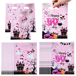 Pink pearlescent Halloween gift bags with ghost and pumpkin prints for party treats