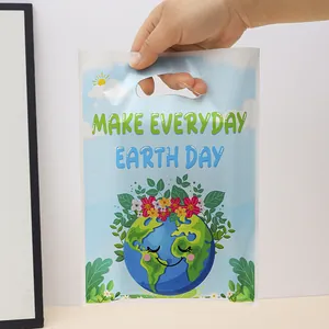 Sacchetto regalo in plastica a tema Earth Day con manico e simpatica stampa terra