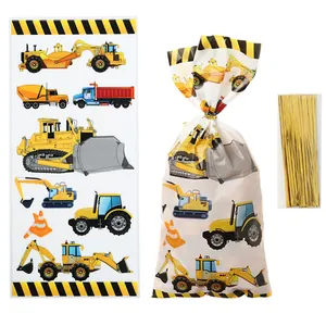 Construction vehicle themed OPP gift bags with gold twist ties for candy and cookies