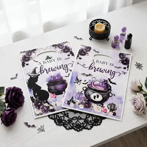 High-quality detail of purple witch-themed baby shower gift bags with brewing design