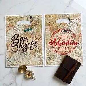 Vintage travel themed gift bags with retro postmark and map design for farewell gifts