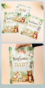 Detail of jungle animal party gift bags featuring cute forest creatures and welcome baby text