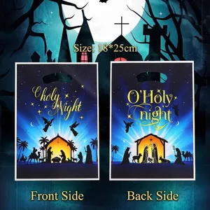 Nativity Scene Christmas Gift Bags O Holy Night Blue Pearl Film Plastic Handle Bags For Holiday Party Candy Packaging