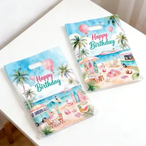 Sacs-cadeaux d'anniversaire thème plage Hawaï avec design aquarelle et des poignées
