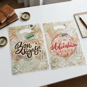 Frosted travel themed gift bags with vintage stamp designs and Bon Voyage slogans