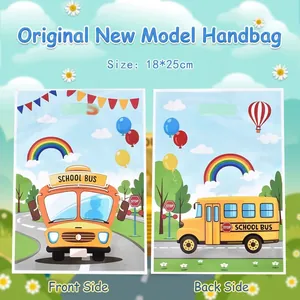 Cartoon School Bus Print Party Favor Bags For Kids Rainbow Hot Air Balloon Pattern Plastic Gift Bags For Birthday Candy Snacks