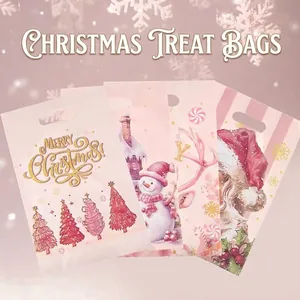 Pink Christmas Pearlescent Plastic Gift Bags Santa Snowman Reindeer Tree Print Handheld Candy Packaging Bags For Party Holiday Favors