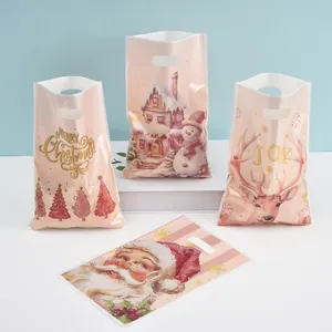 Set of pink pearl film Christmas plastic gift bags with festive illustrations