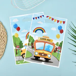 Cartoon school bus printed plastic party favor bags for kids birthday and holiday snacks