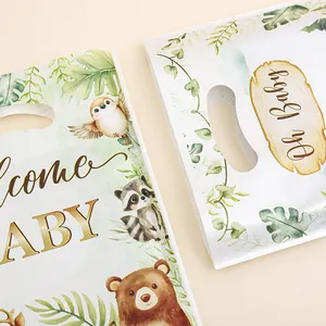 Jungle animal theme gift bags with Welcome Baby print and cute forest animals