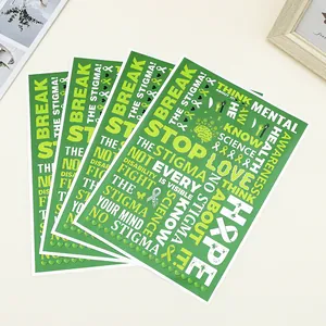 Mental health awareness plastic gift bags with green ribbon print and supportive quotes