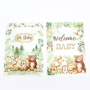 Jungle animal theme party gift bags featuring cute forest creatures and gold text