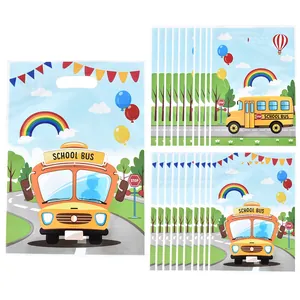 Vibrant school bus printed plastic gift bags for kids birthday party snacks and treats