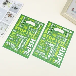 Green mental health awareness plastic gift bags with ribbon print and handles 18x25cm