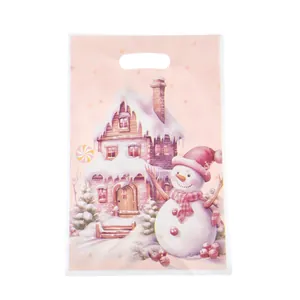 Pink Christmas gift bag with snowman and snow house illustration made of pearl film.