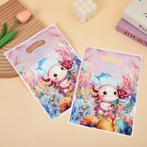 Sacs cadeaux en plastique sur le thème de la mer avec impression d'axolotl et corail