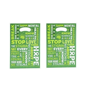 Green mental health awareness plastic gift bags with ribbon prints and handles