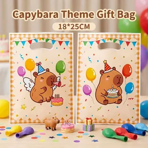 Detailed close-up of capybara birthday gift bags featuring plaid borders and balloon prints