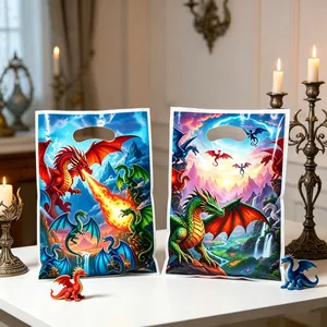 Fantasy dragon themed party gift bags for kids' birthday featuring colorful dragon art