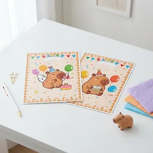 Cute capybara birthday party gift bags with warm yellow check and balloon prints