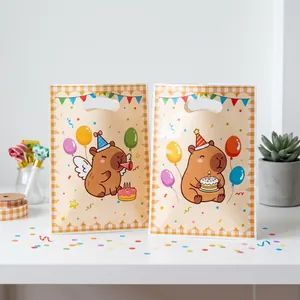 Capybara birthday party gift bags with warm yellow plaid and balloon prints
